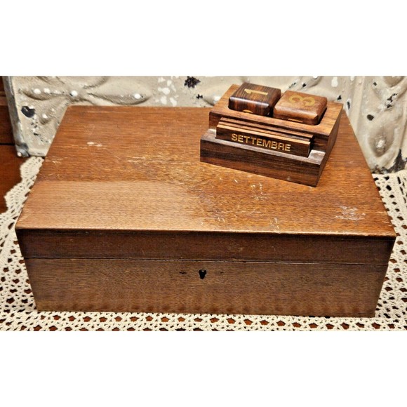 Antique Portable Wood Travel Desk Document Compartment & Wood Italian Calendar